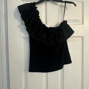 Boston Proper Black One Shoulder Ruffled Blouse